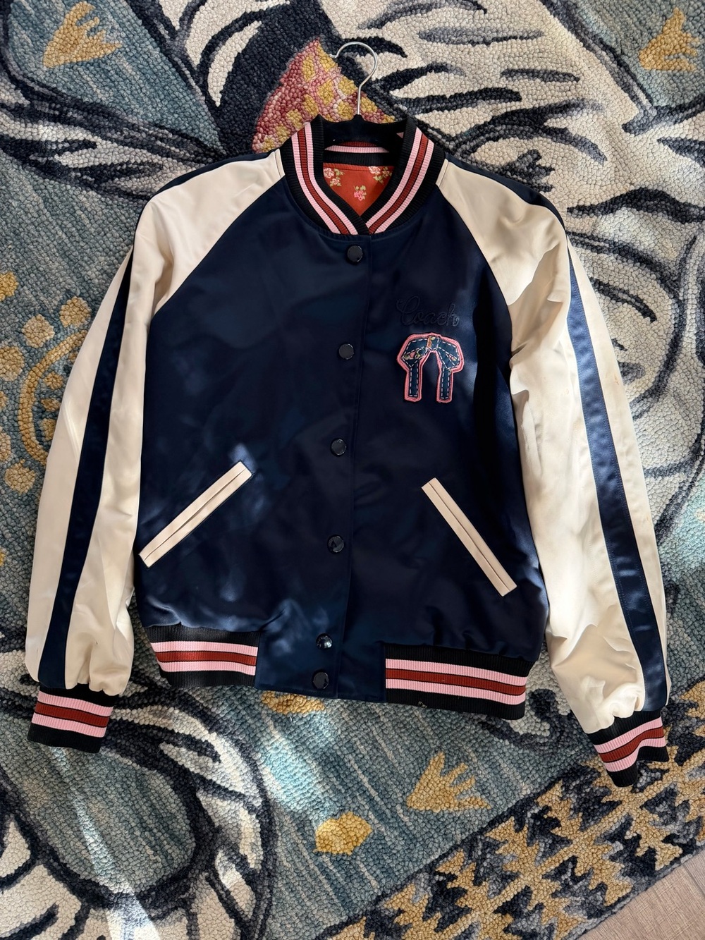 Coach Navy and Cream Reversible Satin Bomber Jacket with Pink Trim